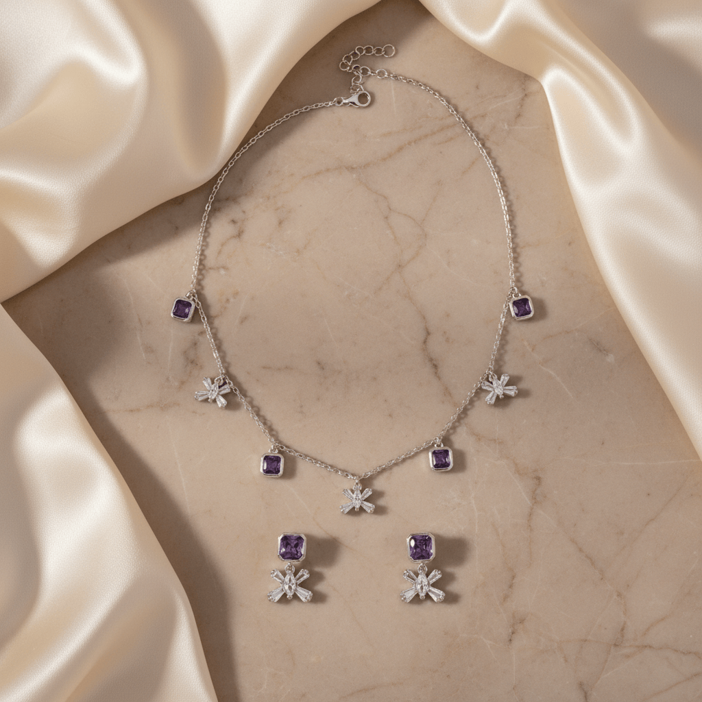 Mataari Necklace Amethyst Sterling Silver Emerald Baguette Butterfly Drop Minimalist Necklace
