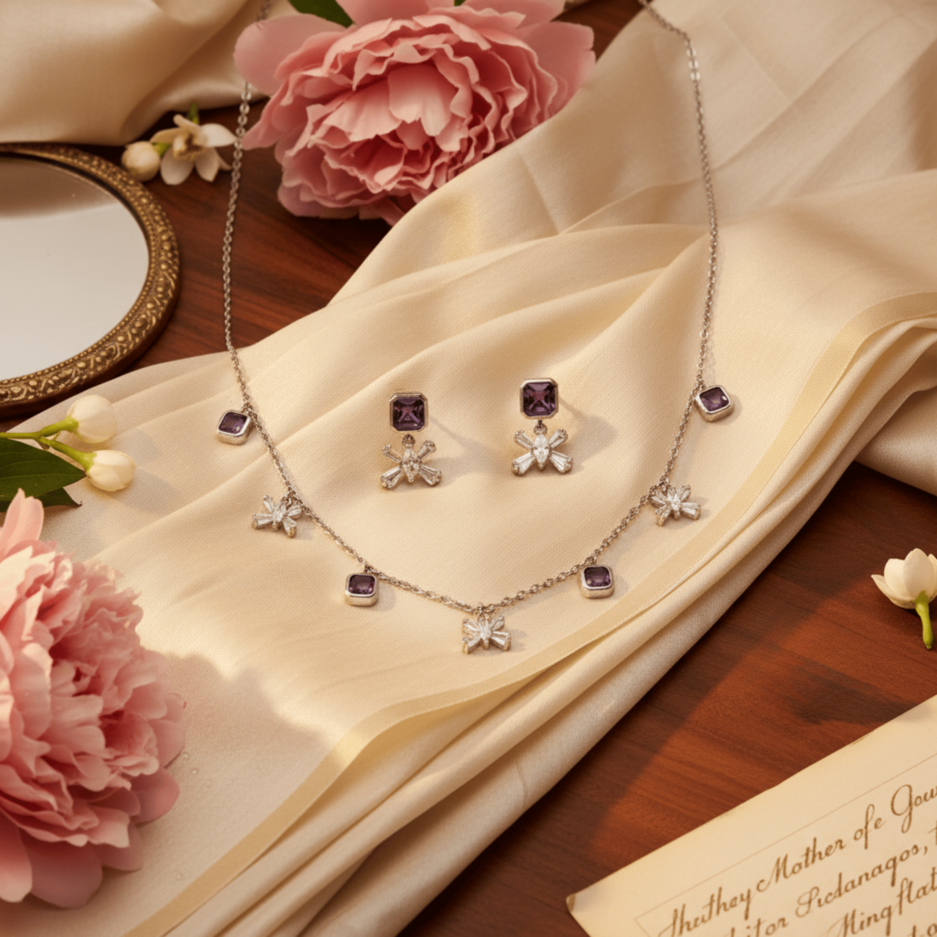 Mataari Necklace Amethyst Sterling Silver Emerald Baguette Butterfly Drop Minimalist Necklace