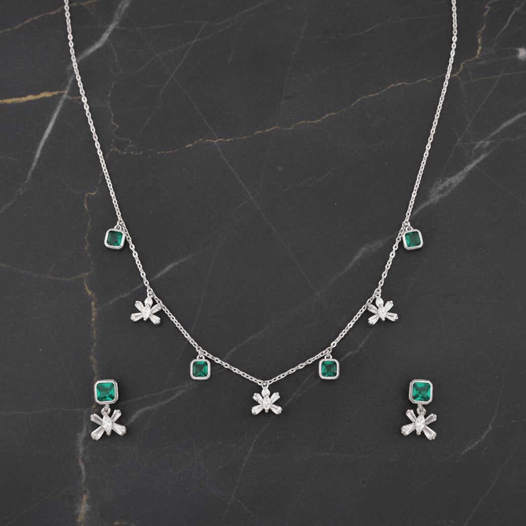 Mataari Necklace Amethyst Sterling Silver Emerald Baguette Butterfly Drop Minimalist Necklace