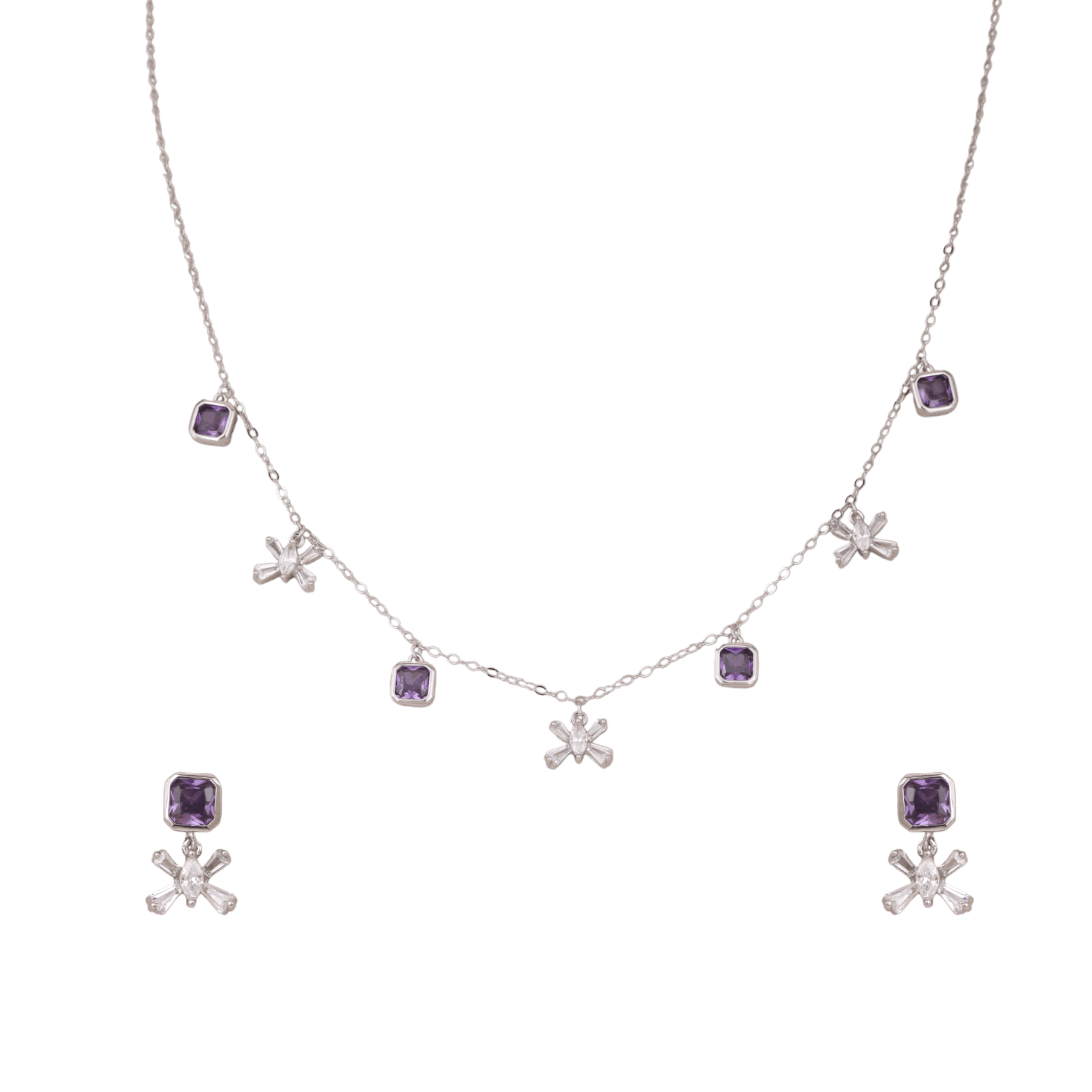 Mataari Necklace Amethyst Sterling Silver Emerald Baguette Butterfly Drop Minimalist Necklace