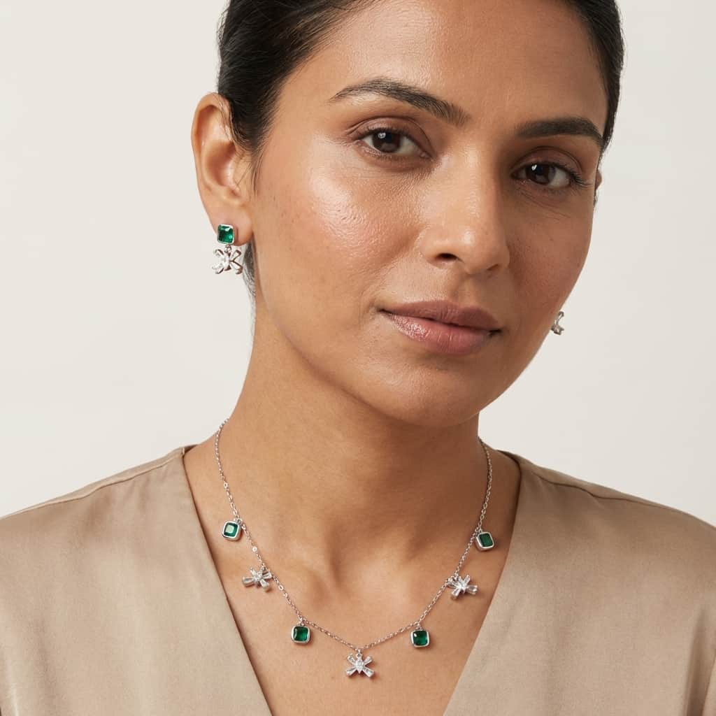 Mataari Necklace Amethyst Sterling Silver Emerald Baguette Butterfly Drop Minimalist Necklace