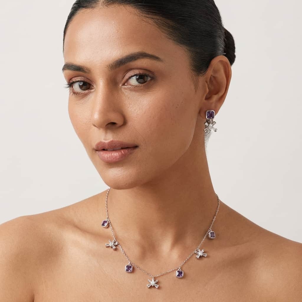 Mataari Necklace Amethyst Sterling Silver Emerald Baguette Butterfly Drop Minimalist Necklace