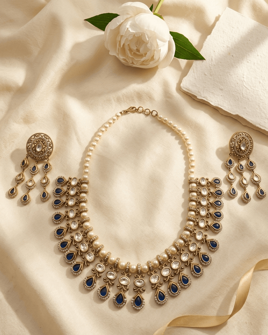 Mataari Necklace Gold Plated Kundan Polki Moissanite Pearl Beaded Teardrop Bridal Necklace