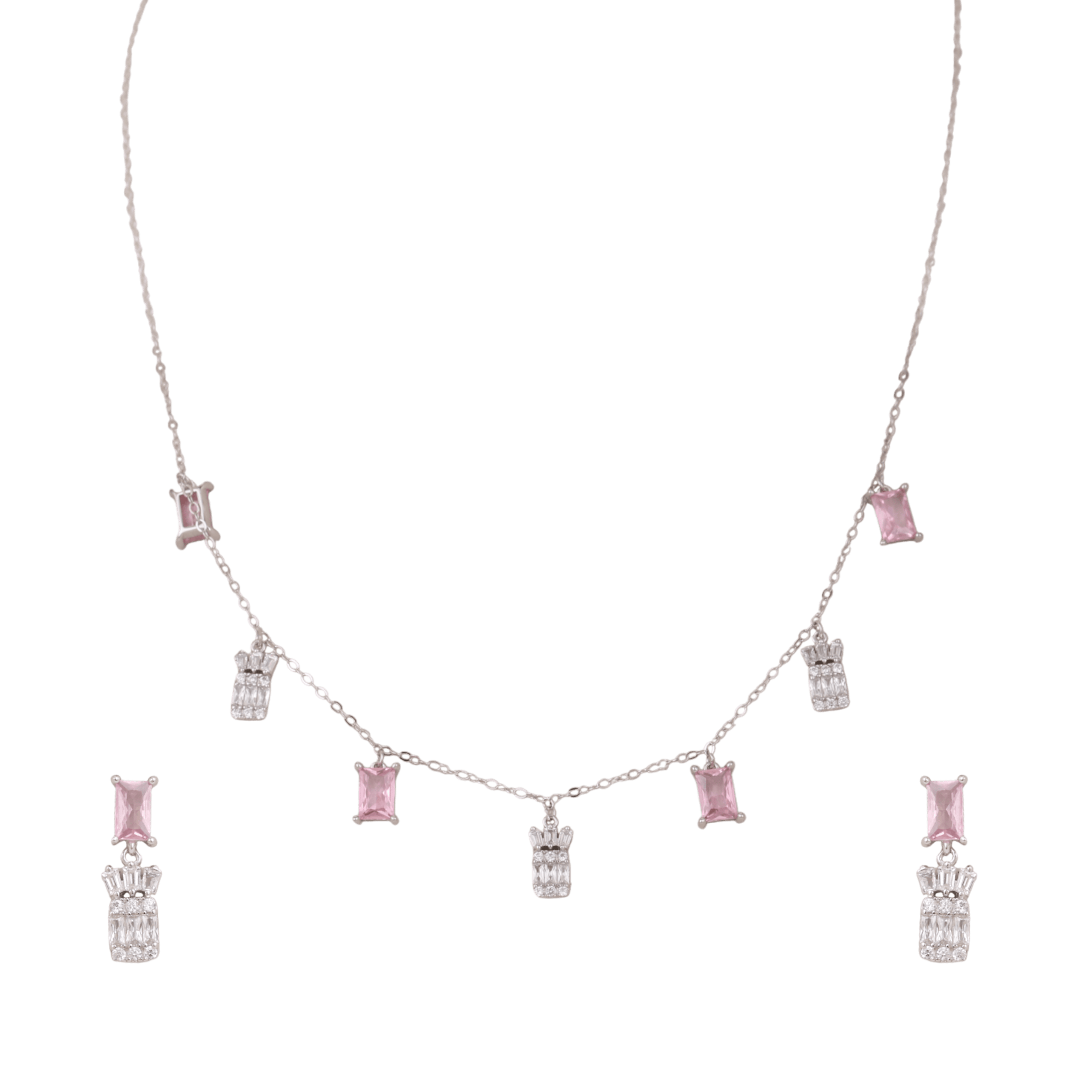 Mataari Necklace Emerald Sterling Silver Rose Quartz Baguette Drop Minimalist Necklace