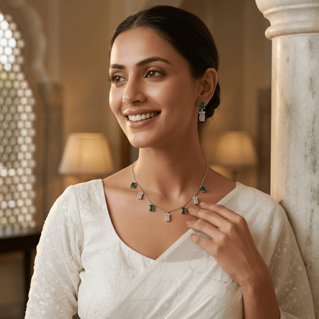 Mataari Necklace Emerald Sterling Silver Rose Quartz Baguette Drop Minimalist Necklace