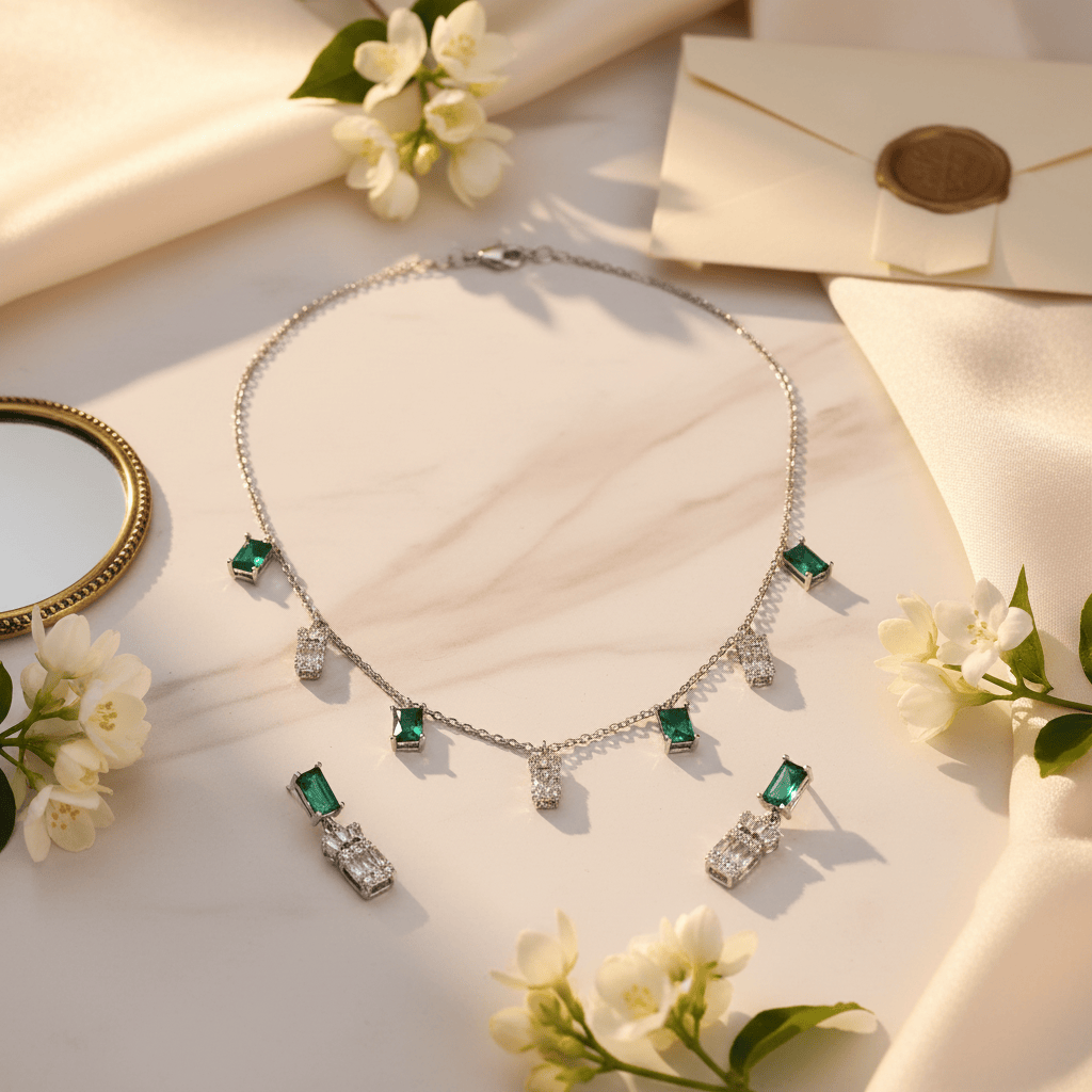 Mataari Necklace Emerald Sterling Silver Rose Quartz Baguette Drop Minimalist Necklace