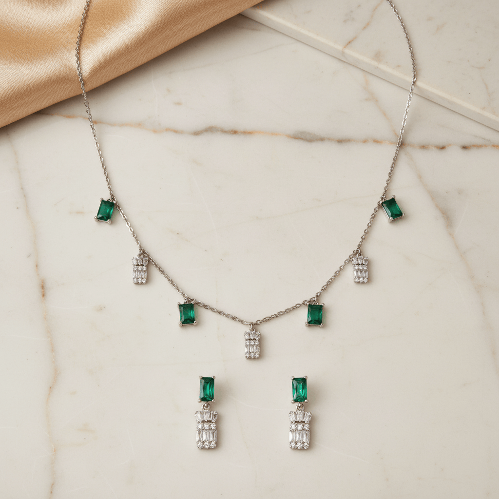 Mataari Necklace Emerald Sterling Silver Rose Quartz Baguette Drop Minimalist Necklace