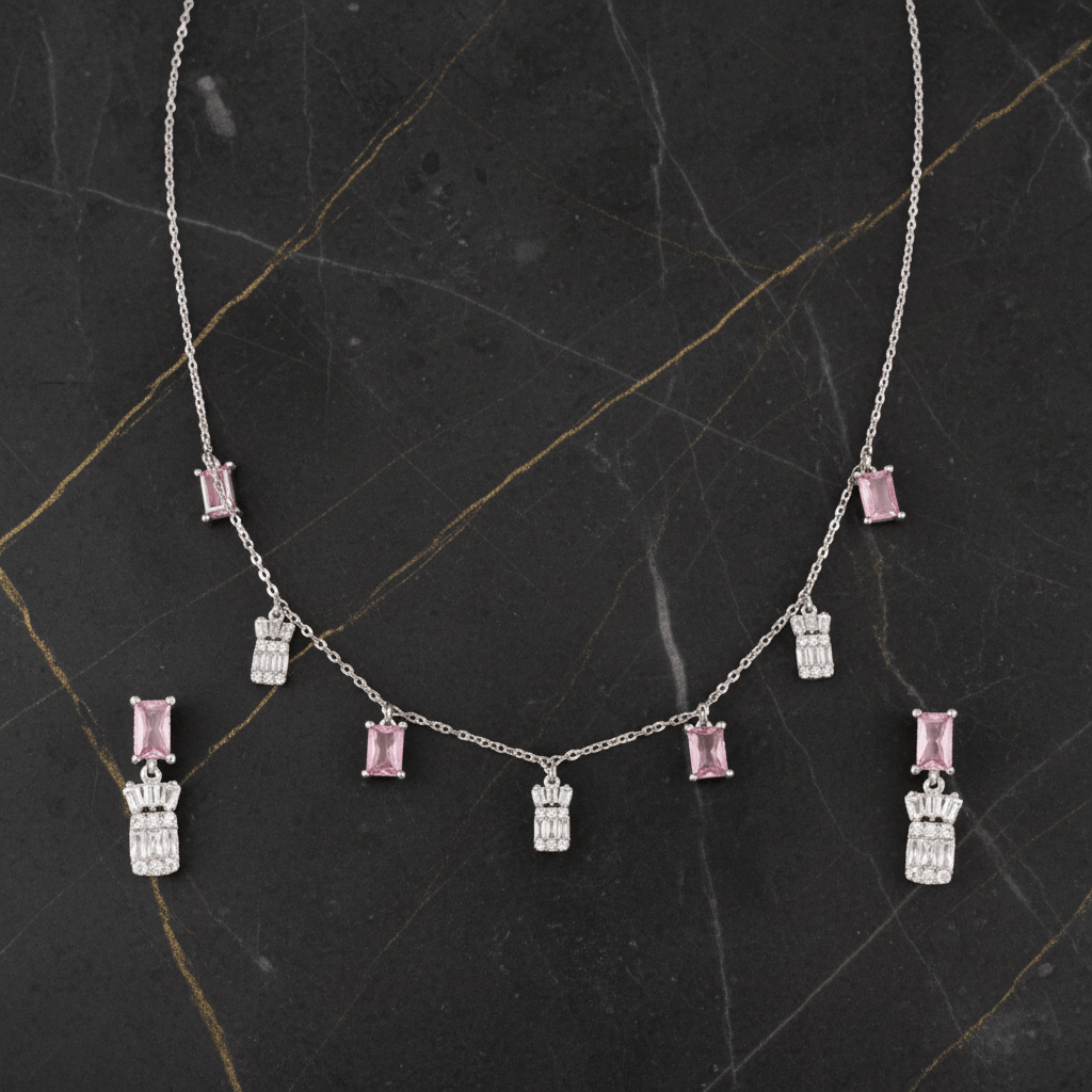 Mataari Necklace Emerald Sterling Silver Rose Quartz Baguette Drop Minimalist Necklace