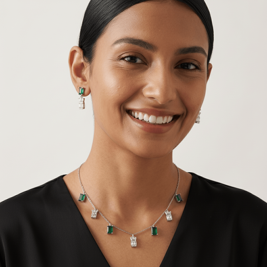 Mataari Necklace Emerald Sterling Silver Rose Quartz Baguette Drop Minimalist Necklace