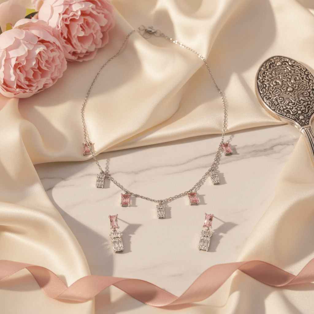 Mataari Necklace Emerald Sterling Silver Rose Quartz Baguette Drop Minimalist Necklace