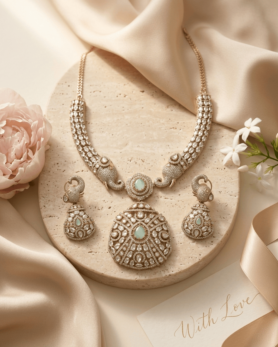 Mataari Necklace Gold Plated Elephant Emerald Polki Kundan Moissanite Locket Bridal Necklace