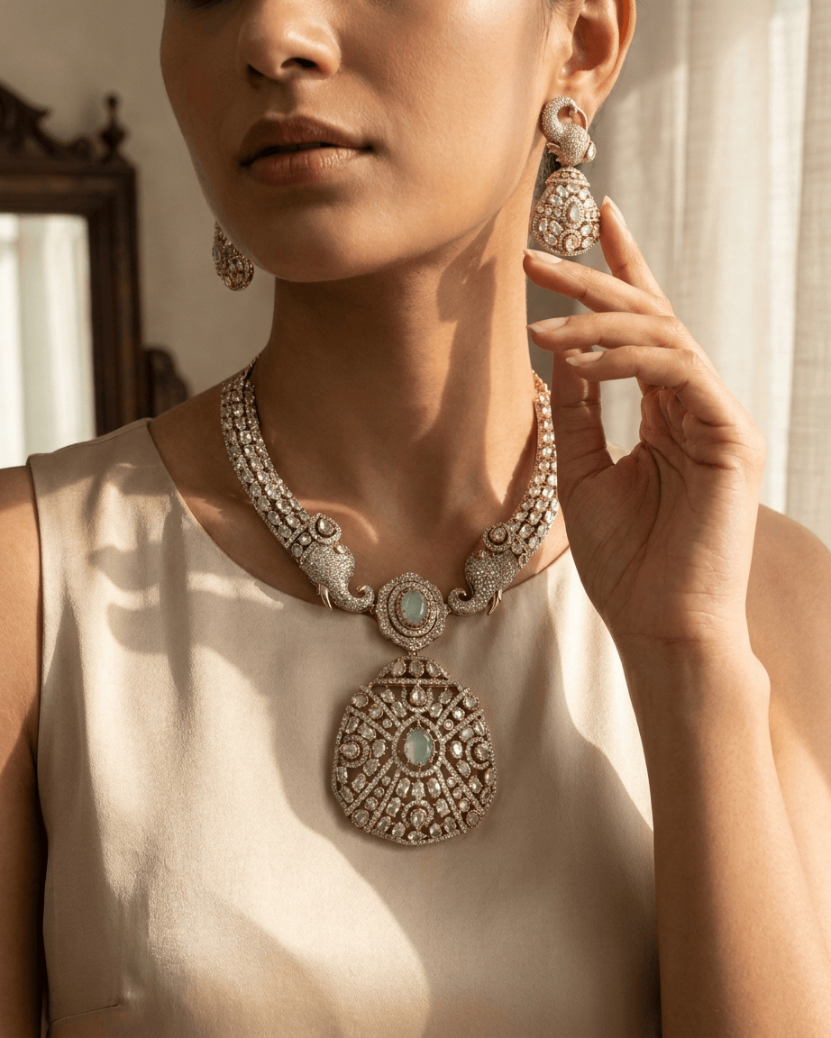 Mataari Necklace Gold Plated Elephant Emerald Polki Kundan Moissanite Locket Bridal Necklace