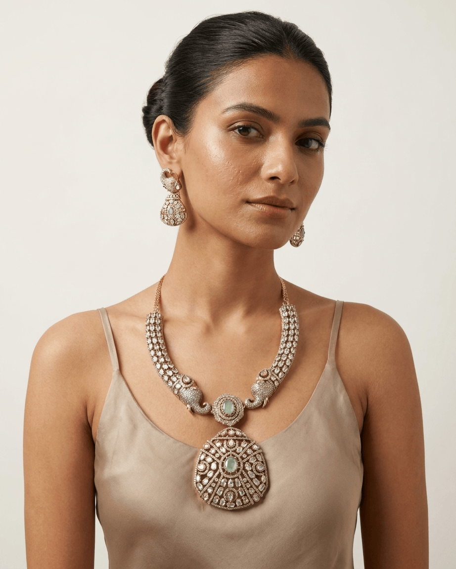 Mataari Necklace Gold Plated Elephant Emerald Polki Kundan Moissanite Locket Bridal Necklace