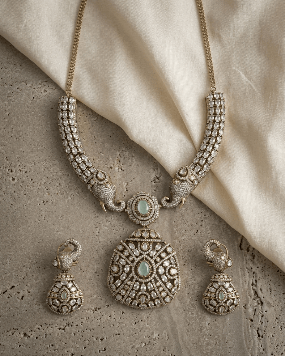 Mataari Necklace Gold Plated Elephant Emerald Polki Kundan Moissanite Locket Bridal Necklace