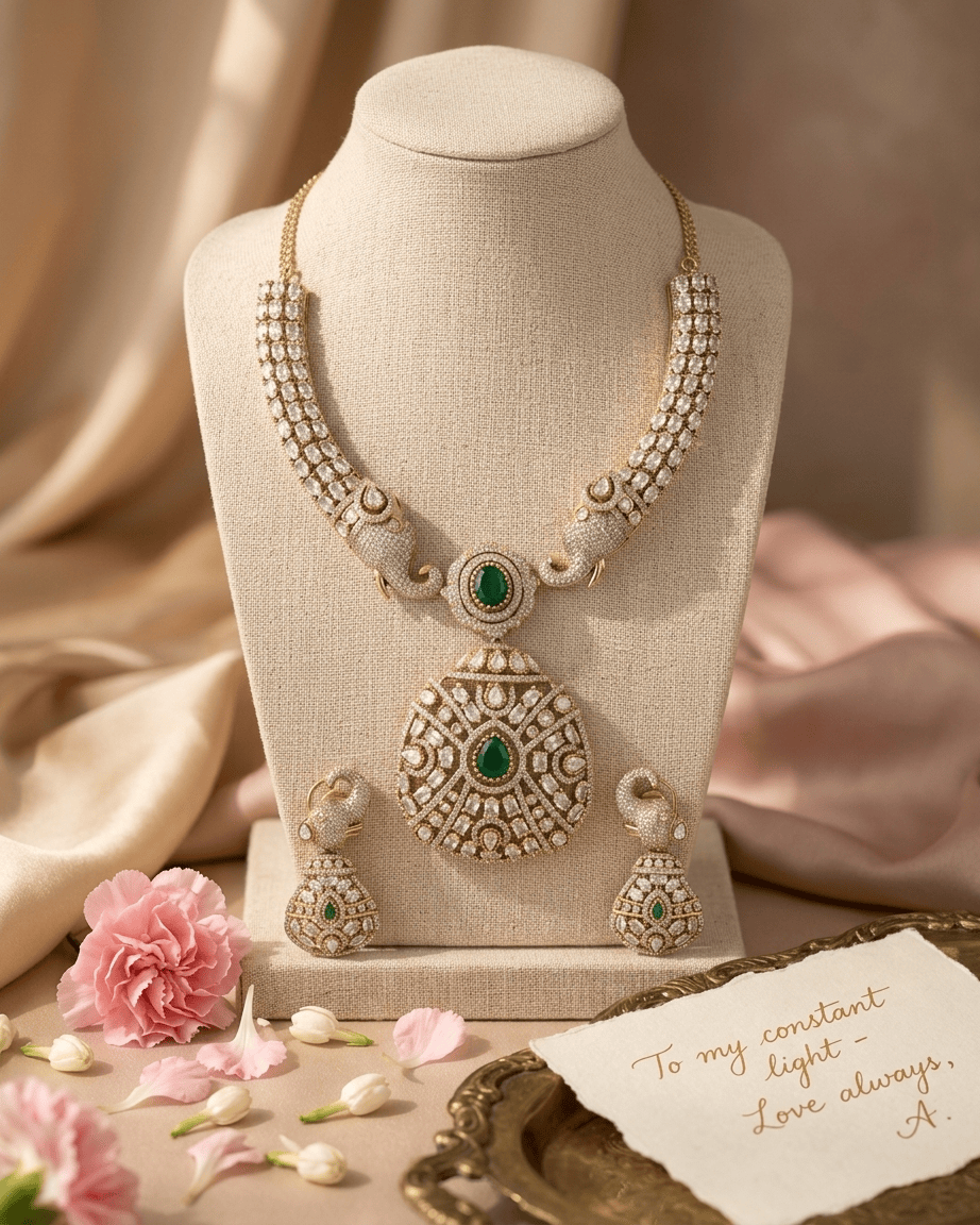 Mataari Necklace Gold Plated Elephant Emerald Polki Kundan Moissanite Locket Bridal Necklace