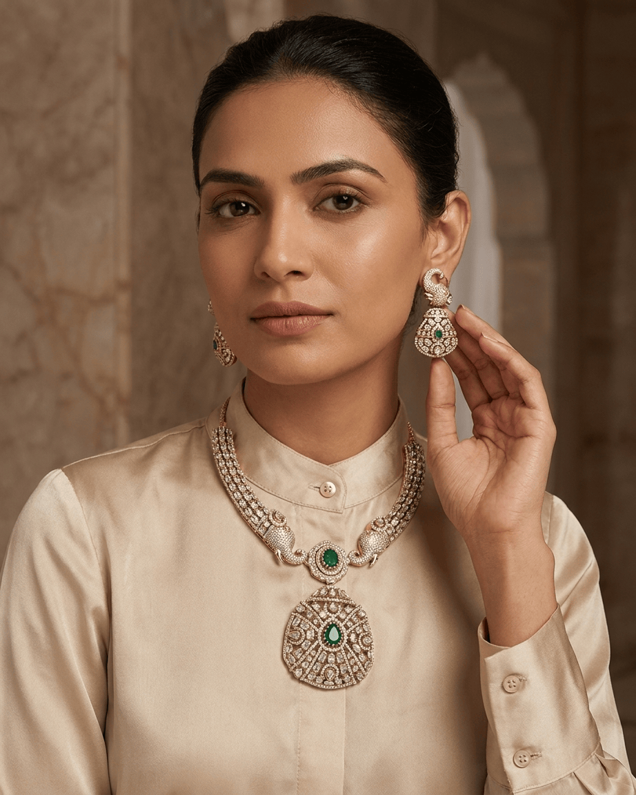 Mataari Necklace Gold Plated Elephant Emerald Polki Kundan Moissanite Locket Bridal Necklace