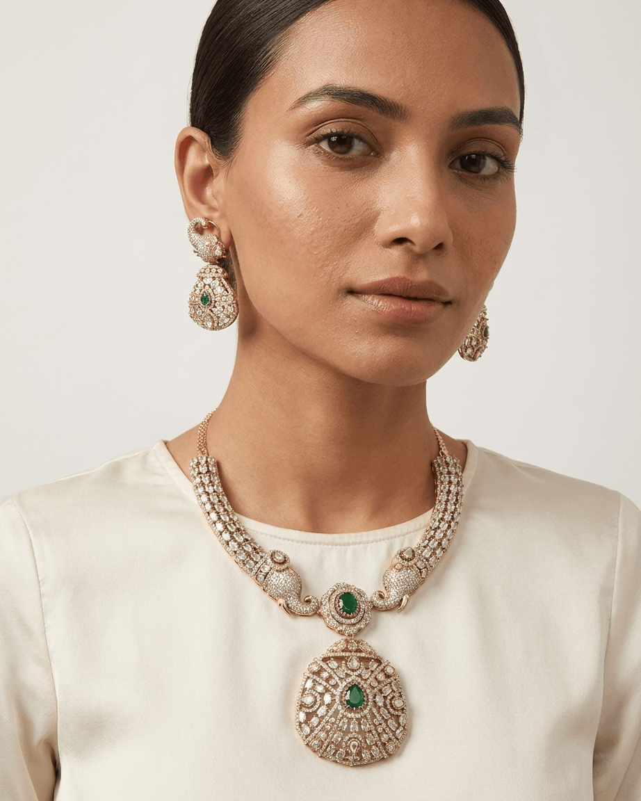 Mataari Necklace Gold Plated Elephant Emerald Polki Kundan Moissanite Locket Bridal Necklace