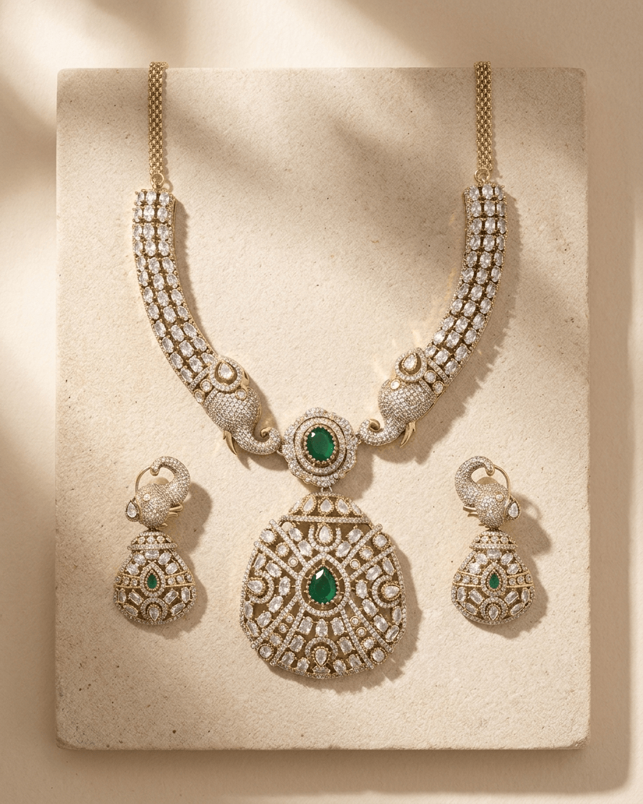 Mataari Necklace Gold Plated Elephant Emerald Polki Kundan Moissanite Locket Bridal Necklace