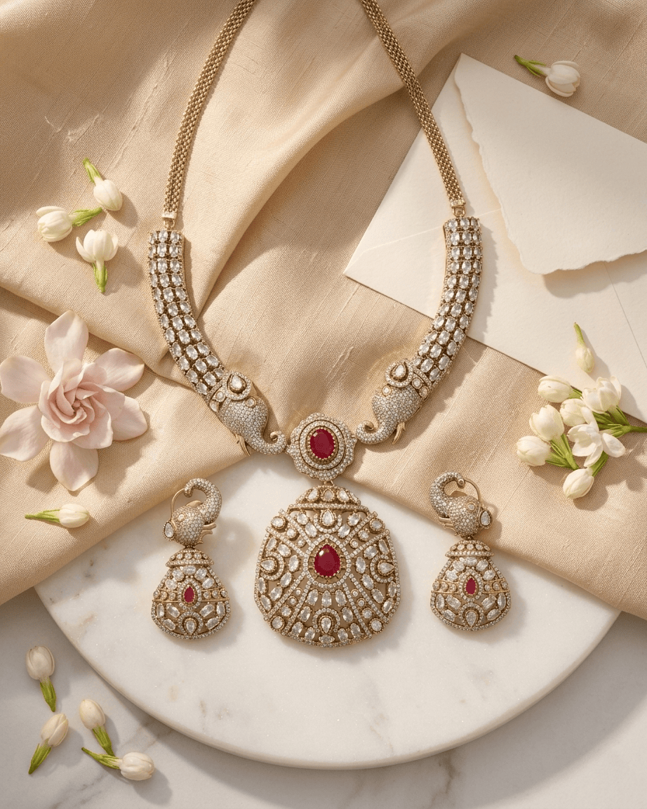 Mataari Necklace Gold Plated Elephant Emerald Polki Kundan Moissanite Locket Bridal Necklace