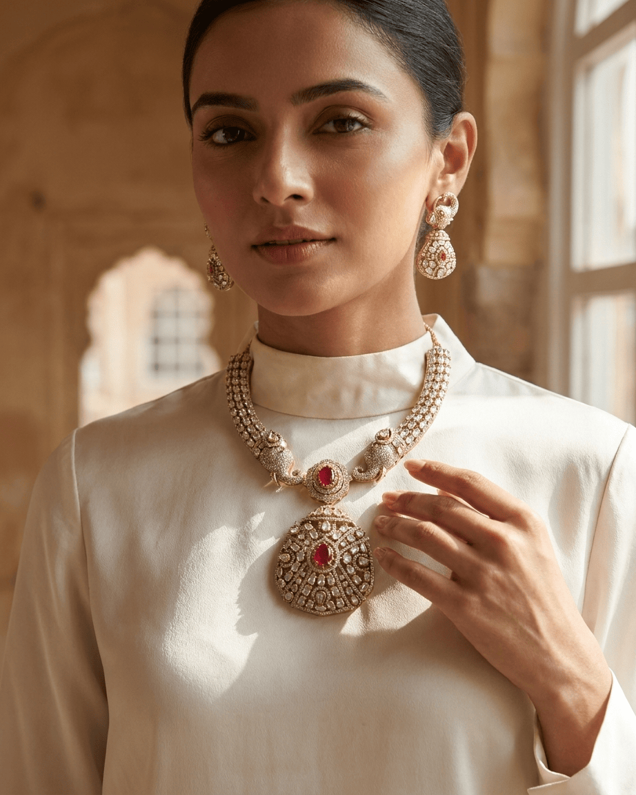 Mataari Necklace Gold Plated Elephant Emerald Polki Kundan Moissanite Locket Bridal Necklace