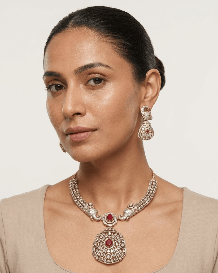 Mataari Necklace Gold Plated Elephant Emerald Polki Kundan Moissanite Locket Bridal Necklace
