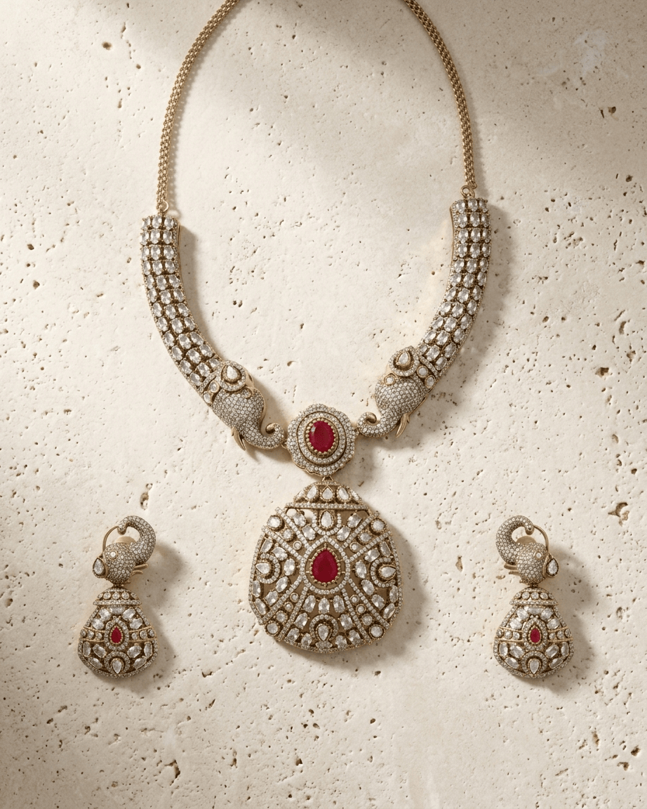 Mataari Necklace Gold Plated Elephant Emerald Polki Kundan Moissanite Locket Bridal Necklace