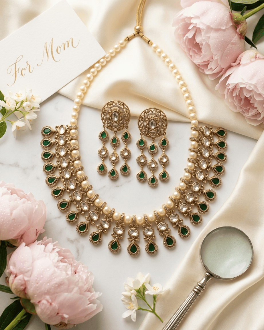 Mataari Necklace Gold Plated Kundan Polki Moissanite Pearl Beaded Teardrop Bridal Necklace