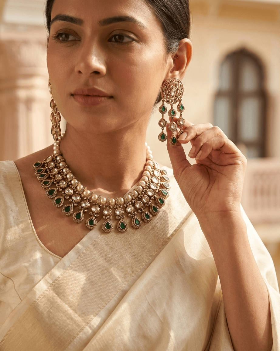 Mataari Necklace Gold Plated Kundan Polki Moissanite Pearl Beaded Teardrop Bridal Necklace