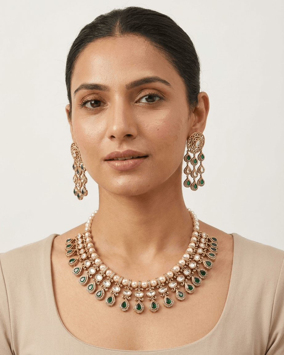 Mataari Necklace Gold Plated Kundan Polki Moissanite Pearl Beaded Teardrop Bridal Necklace