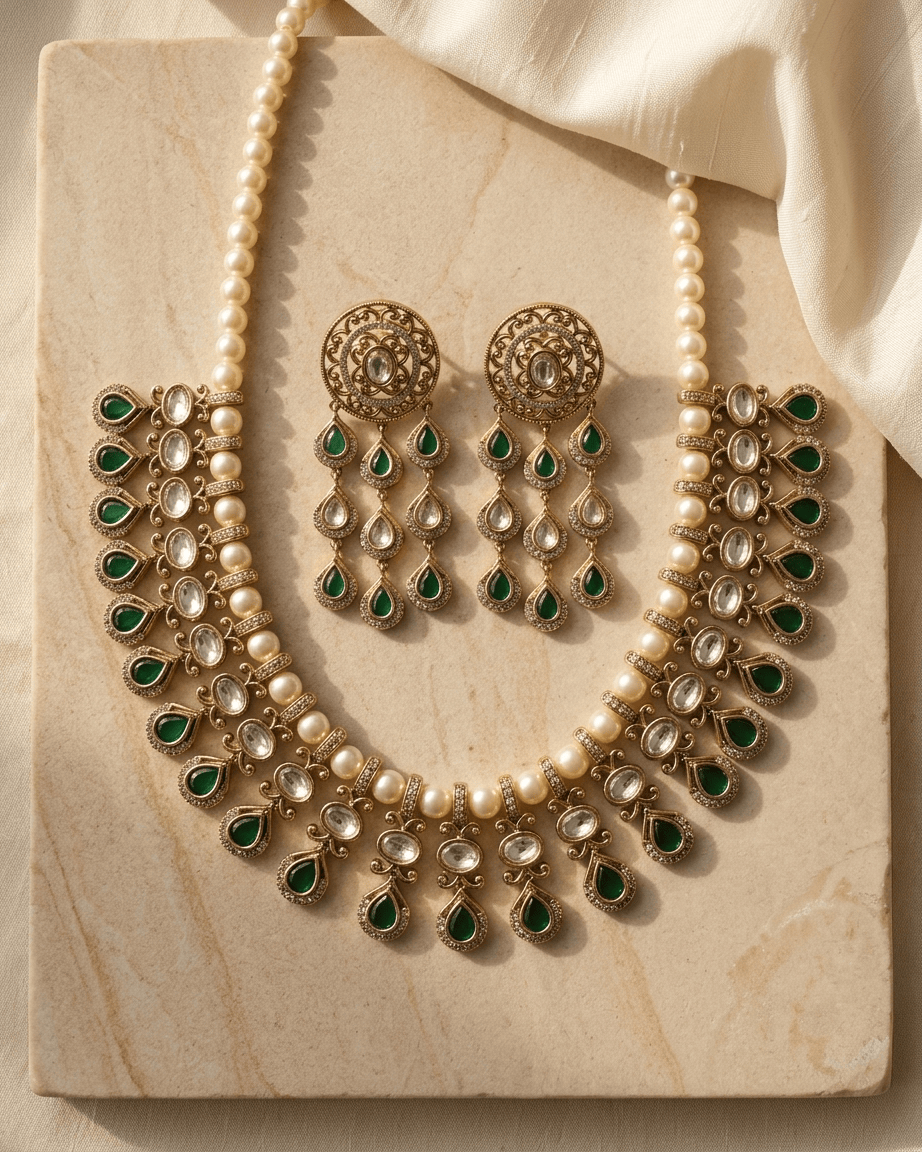 Mataari Necklace Gold Plated Kundan Polki Moissanite Pearl Beaded Teardrop Bridal Necklace