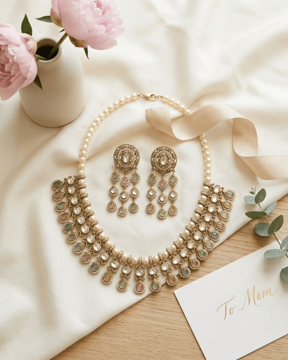 Mataari Necklace Gold Plated Kundan Polki Moissanite Pearl Beaded Teardrop Bridal Necklace