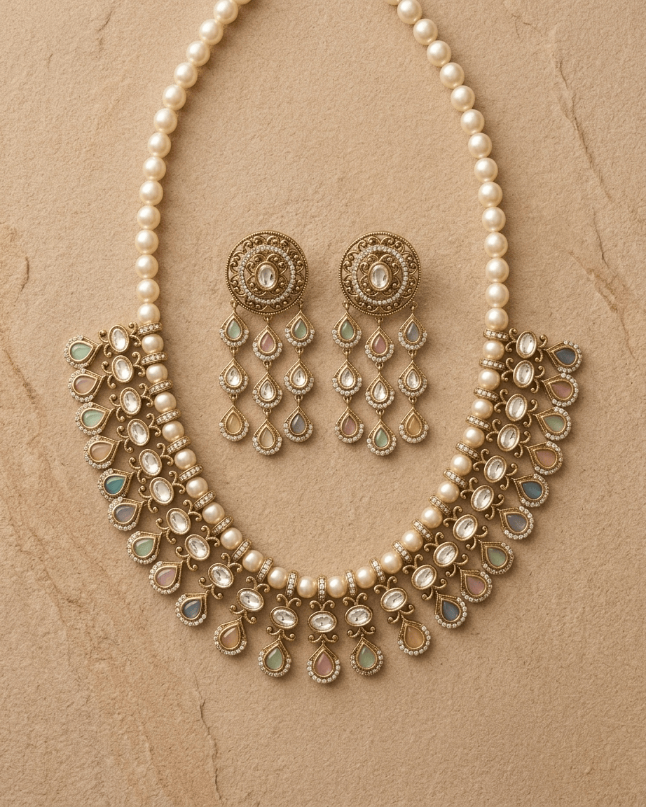 Mataari Necklace Gold Plated Kundan Polki Moissanite Pearl Beaded Teardrop Bridal Necklace