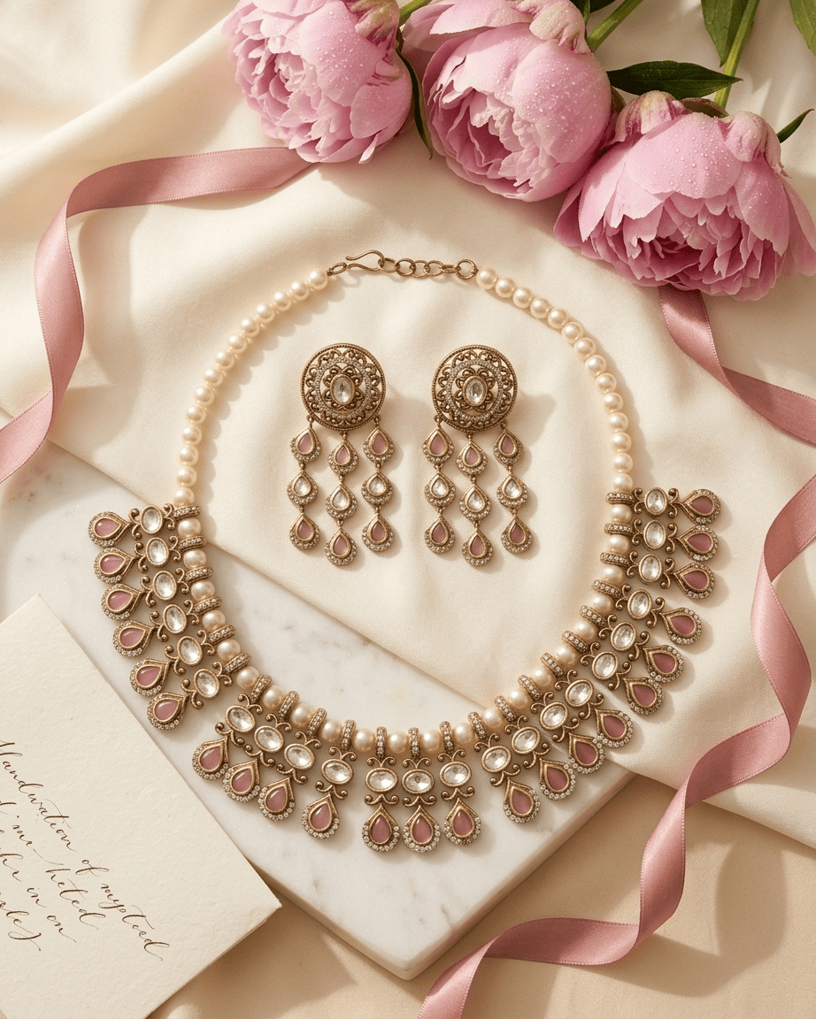 Mataari Necklace Gold Plated Kundan Polki Moissanite Pearl Beaded Teardrop Bridal Necklace