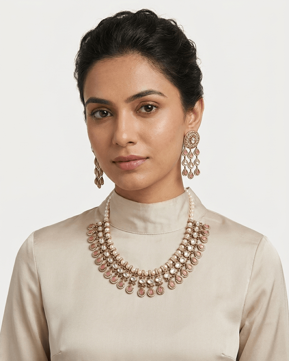 Mataari Necklace Gold Plated Kundan Polki Moissanite Pearl Beaded Teardrop Bridal Necklace