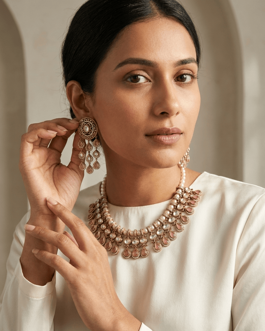 Mataari Necklace Gold Plated Kundan Polki Moissanite Pearl Beaded Teardrop Bridal Necklace