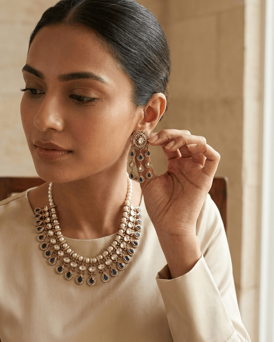 Mataari Necklace Gold Plated Kundan Polki Moissanite Pearl Beaded Teardrop Bridal Necklace