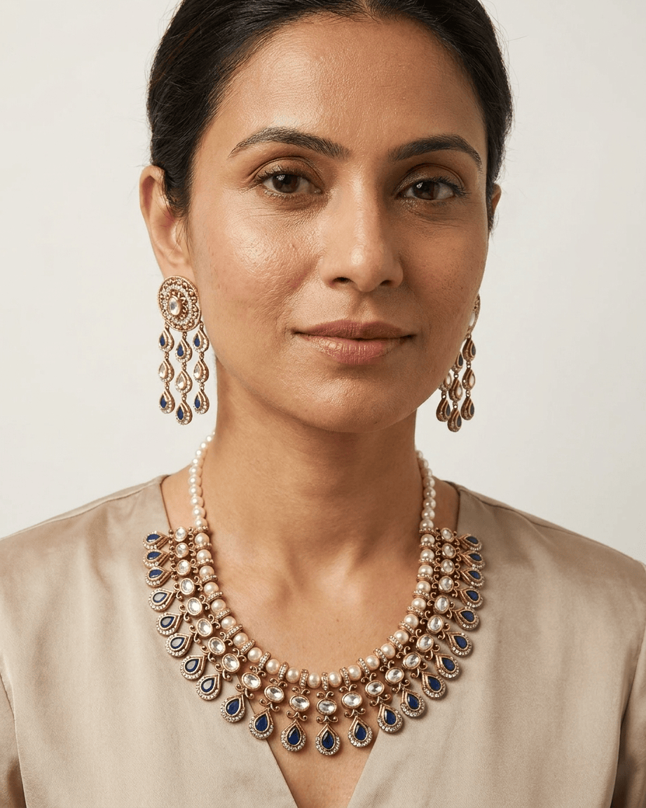Mataari Necklace Gold Plated Kundan Polki Moissanite Pearl Beaded Teardrop Bridal Necklace
