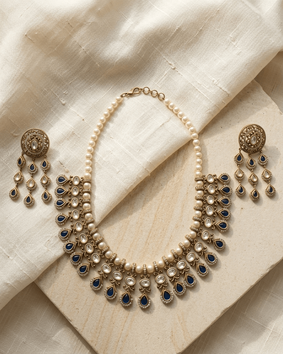 Mataari Necklace Gold Plated Kundan Polki Moissanite Pearl Beaded Teardrop Bridal Necklace