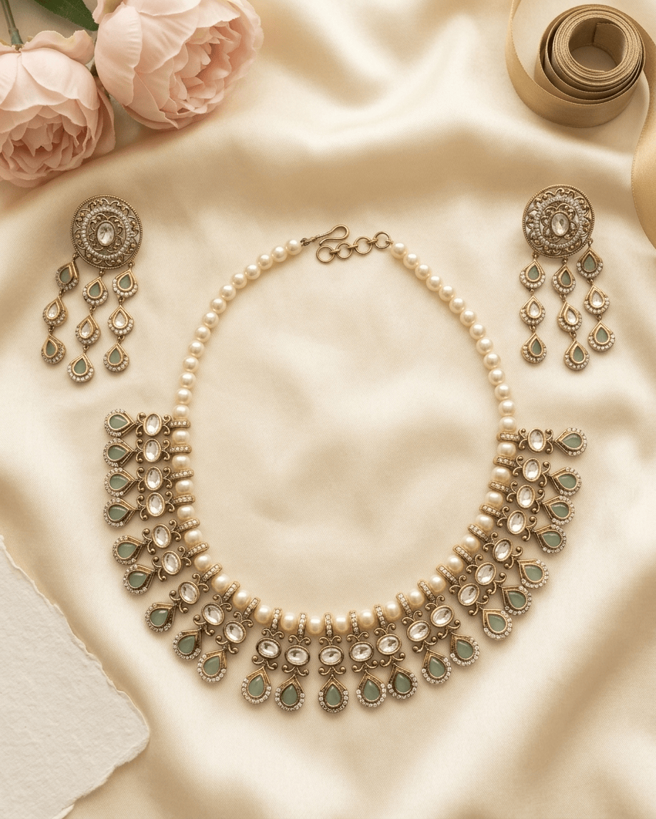 Mataari Necklace Gold Plated Kundan Polki Moissanite Pearl Beaded Teardrop Bridal Necklace