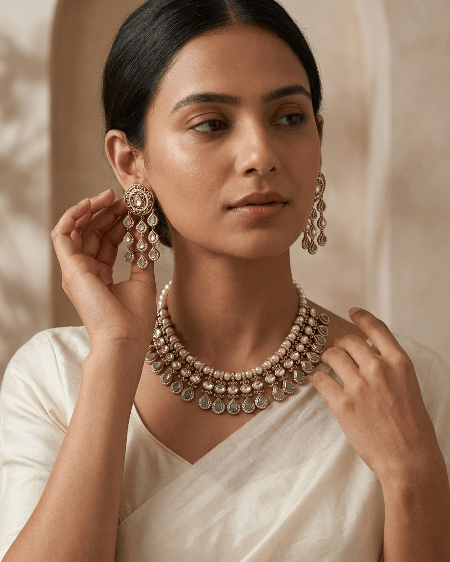 Mataari Necklace Gold Plated Kundan Polki Moissanite Pearl Beaded Teardrop Bridal Necklace