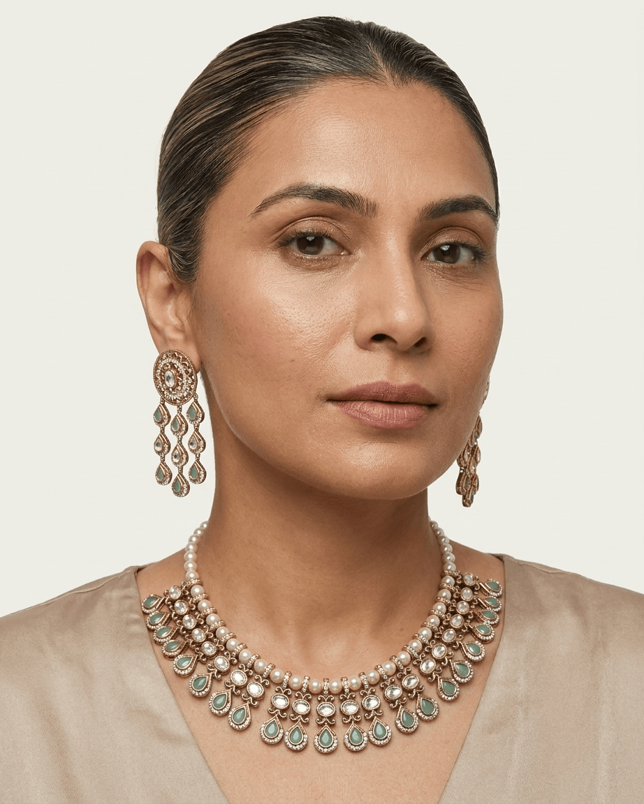 Mataari Necklace Gold Plated Kundan Polki Moissanite Pearl Beaded Teardrop Bridal Necklace