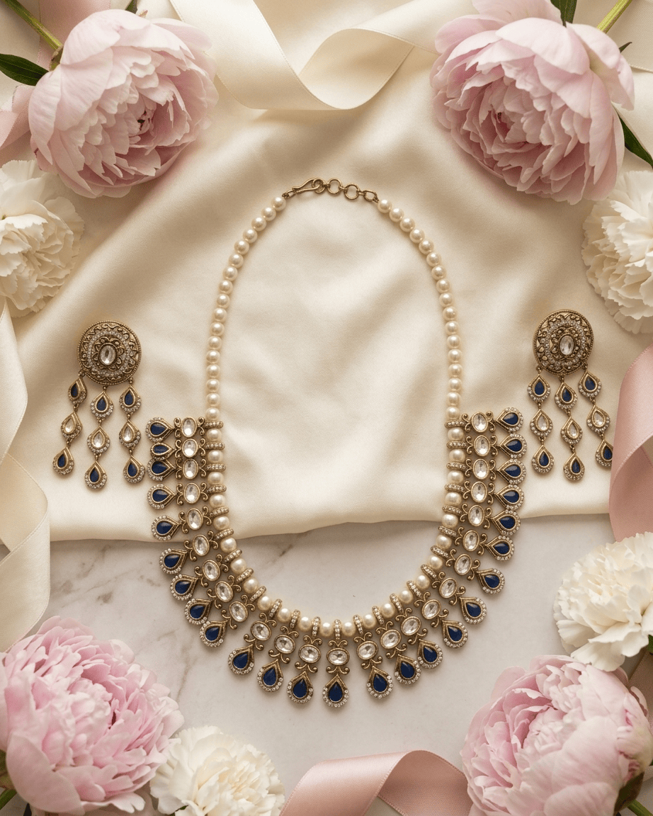 Mataari Necklace Gold Plated Kundan Polki Moissanite Pearl Beaded Teardrop Bridal Necklace