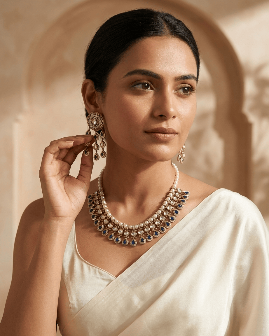 Mataari Necklace Gold Plated Kundan Polki Moissanite Pearl Beaded Teardrop Bridal Necklace