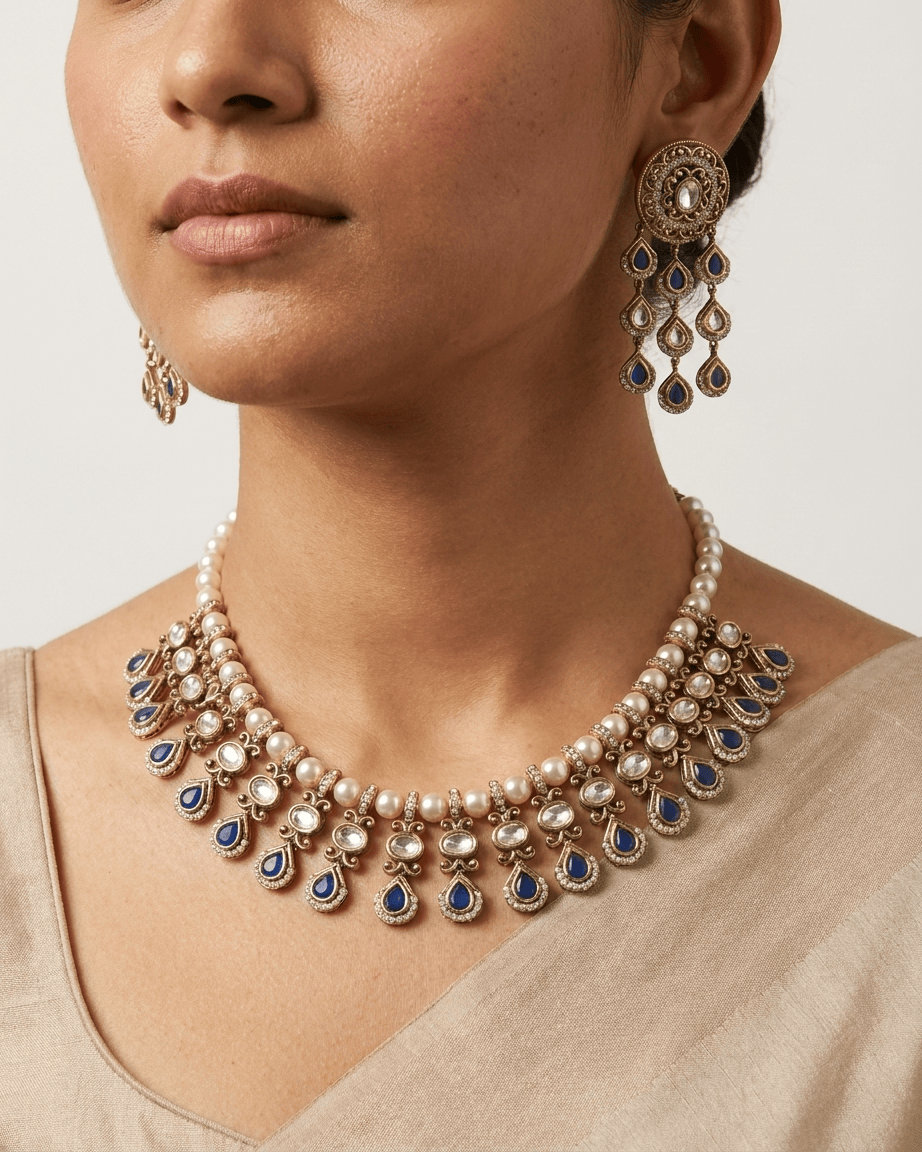 Mataari Necklace Gold Plated Kundan Polki Moissanite Pearl Beaded Teardrop Bridal Necklace