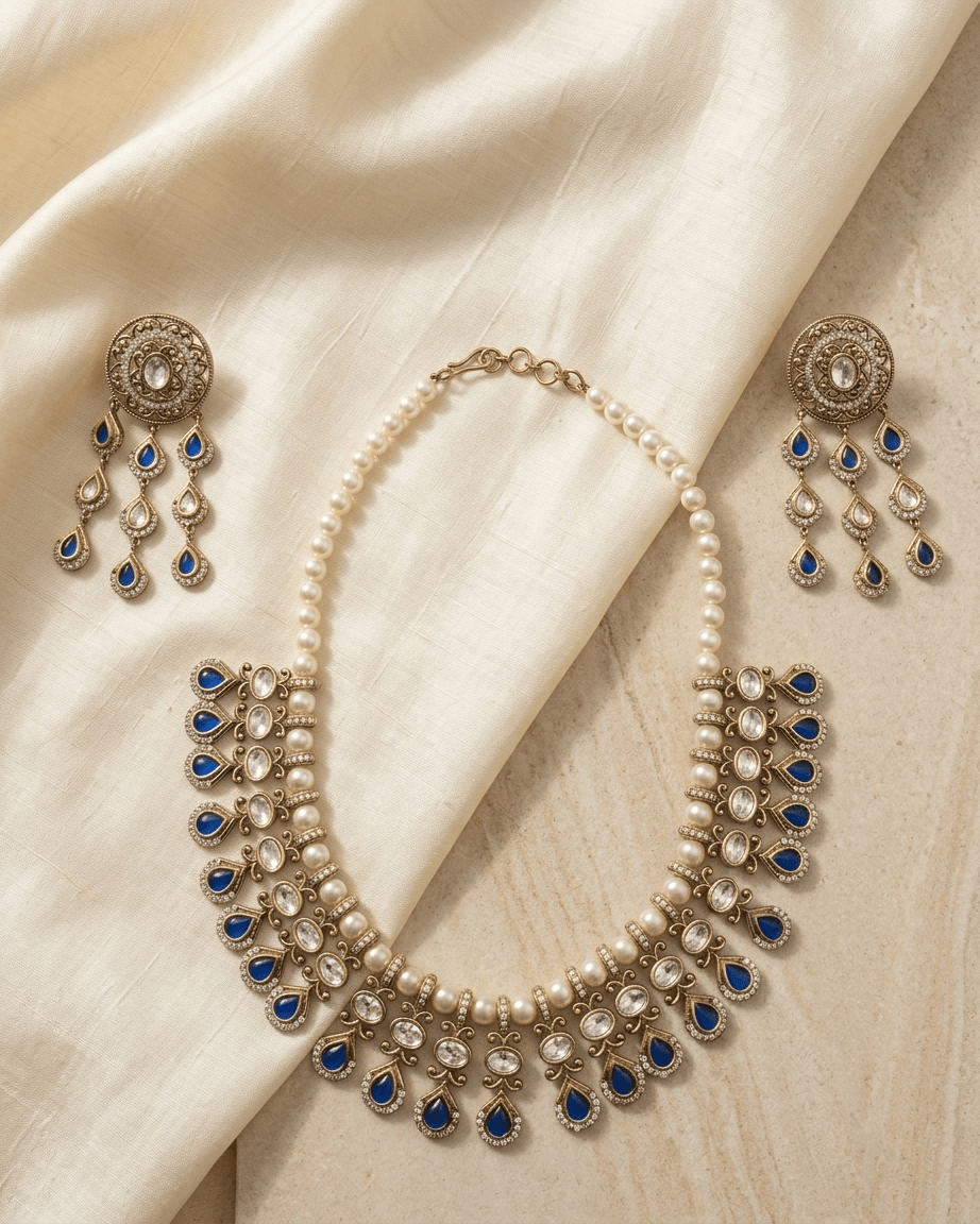 Mataari Necklace Gold Plated Kundan Polki Moissanite Pearl Beaded Teardrop Bridal Necklace
