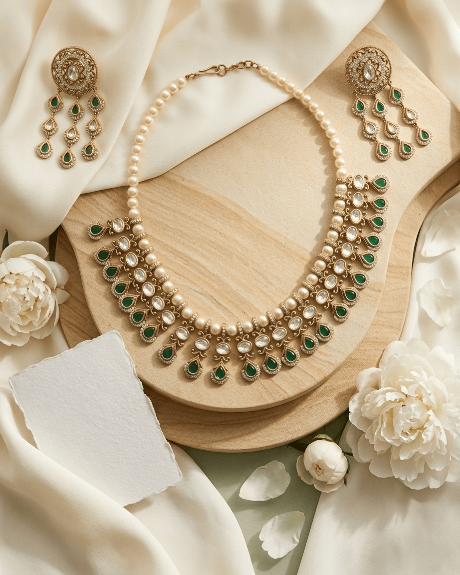 Mataari Necklace Gold Plated Kundan Polki Moissanite Pearl Beaded Teardrop Bridal Necklace
