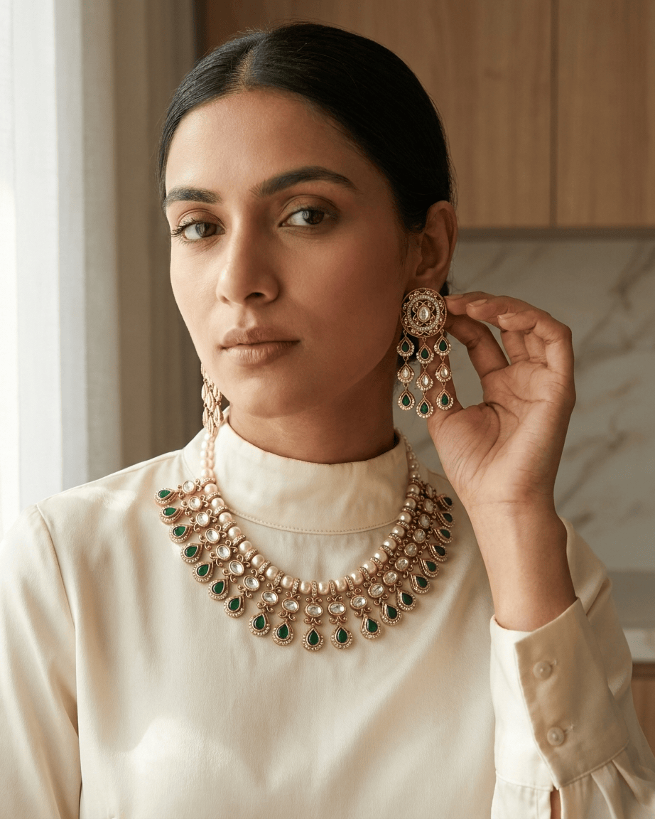 Mataari Necklace Gold Plated Kundan Polki Moissanite Pearl Beaded Teardrop Bridal Necklace