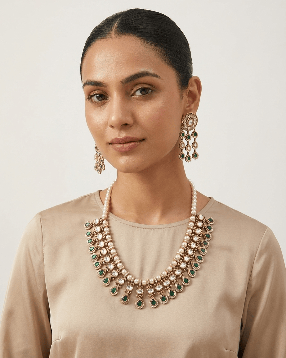 Mataari Necklace Gold Plated Kundan Polki Moissanite Pearl Beaded Teardrop Bridal Necklace