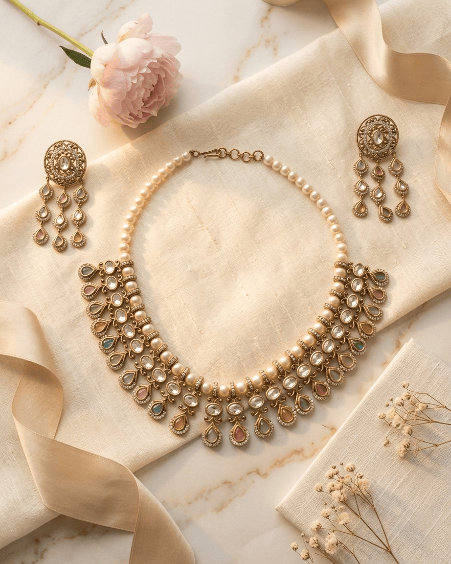 Mataari Necklace Gold Plated Kundan Polki Moissanite Pearl Beaded Teardrop Bridal Necklace