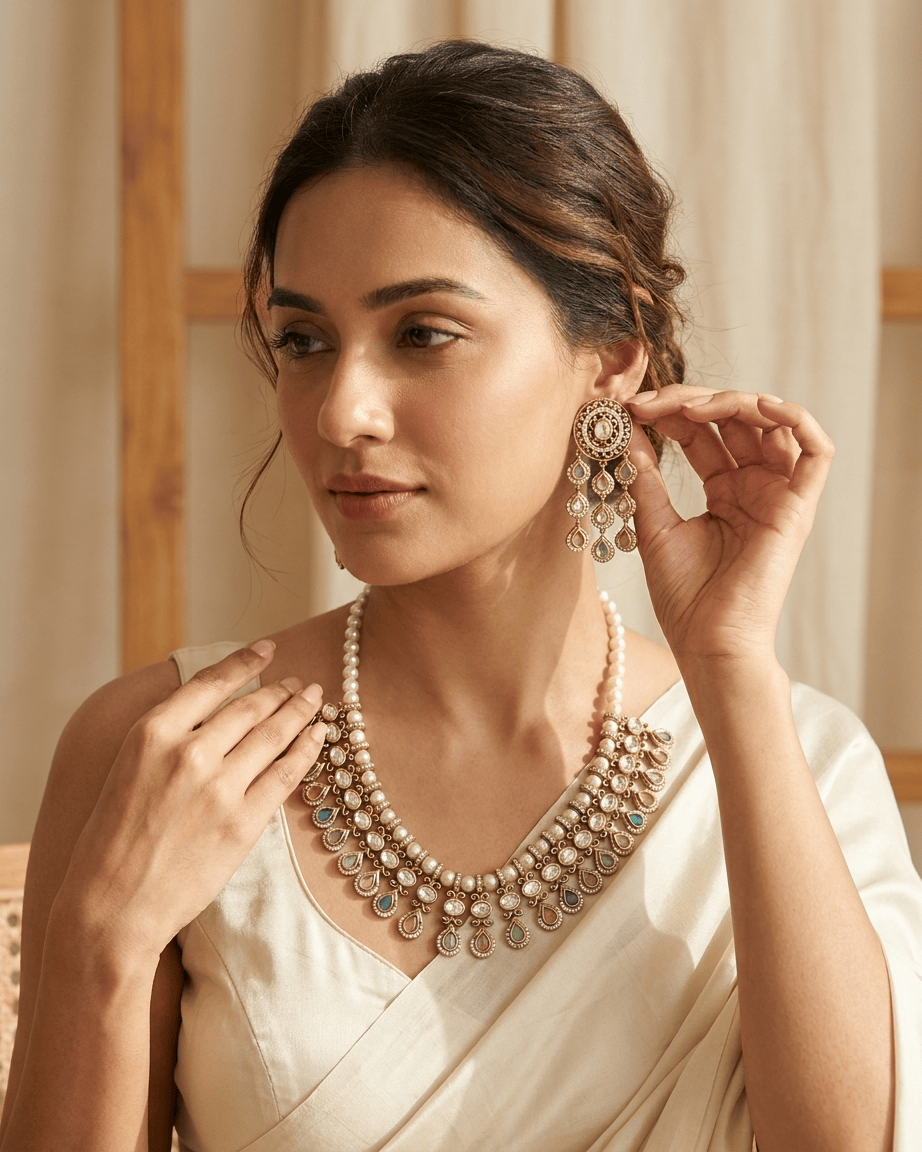 Mataari Necklace Gold Plated Kundan Polki Moissanite Pearl Beaded Teardrop Bridal Necklace